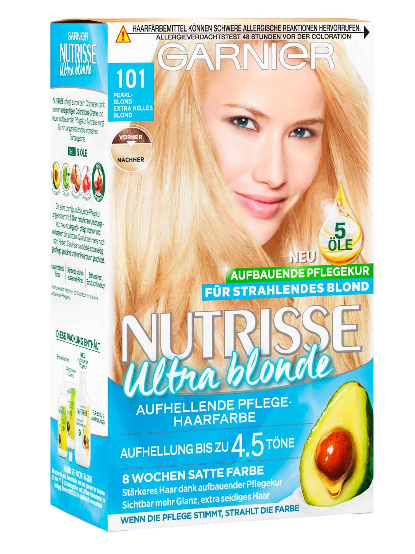 Vorderansicht auf die Verpackung der Garnier Nutrisse Creme 101 Extra helles Blond